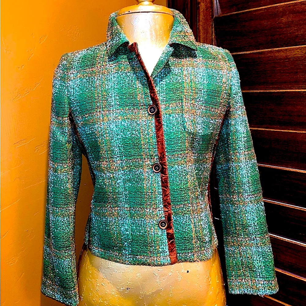 Harve Benard Green tweed jacket with brown velvet trim- size 6
